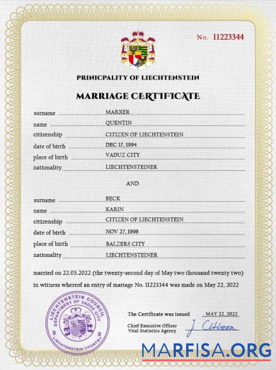 Printable Liechtenstein marriage certificate PSD template